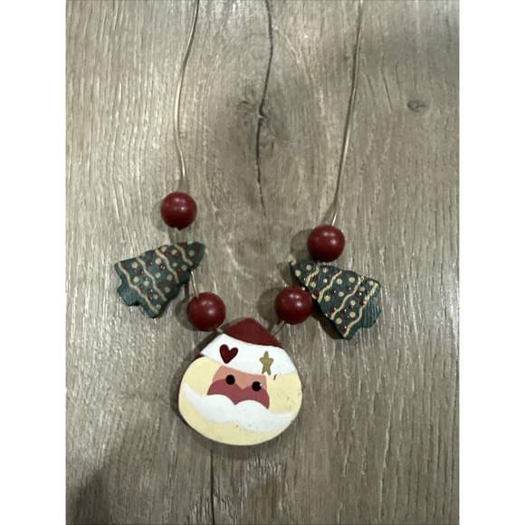 Church's Jewelry - Vintage Gold Chain w Handpainted Wood Santa Christmas‎ Tree and Red Balls